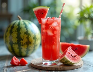 fresh watermelon drink with watermelon fruit on a table