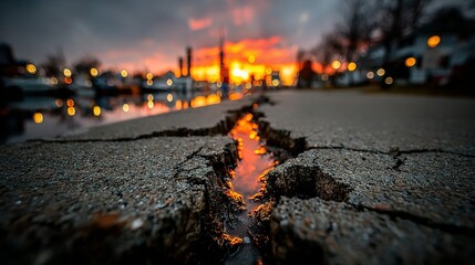 Fiery Sunset's Glow Reflected in a Cracked Pavement Fissure