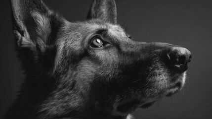 Black and white portrait of a German Shepherd dog in profile against a dark background