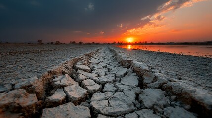 Fiery Sunset Over Cracked Earth: A Dramatic Landscape of Drought and Desolation
