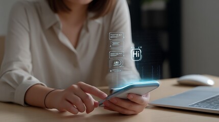 Fototapeta premium Person using smartphone with holographic interface and hi symbol