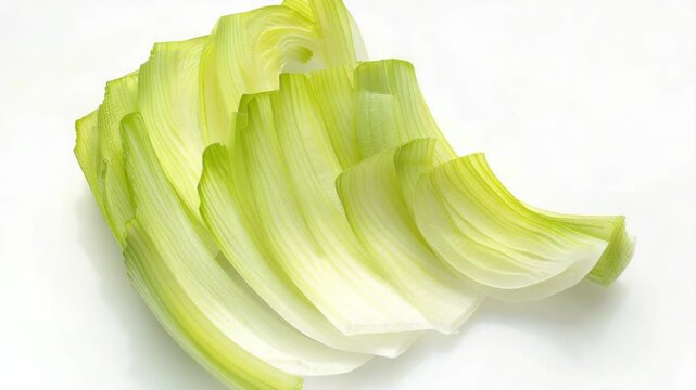 Several slices of fresh, crisp celery on a white surface. A healthy and low-calorie snack option.