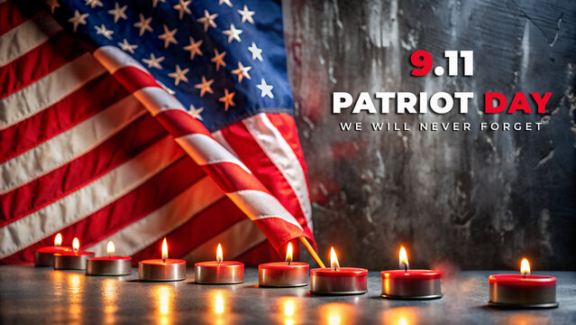 Remembering 9 11 patriot day with american flag and candles