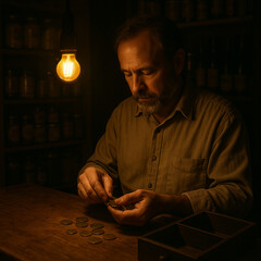 Shopkeeper/ Person Counting Old Coins Under Warm Light – Vintage Scene at Closing Time