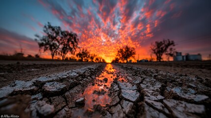 Fiery Sunset Explodes Over Cracked Earth, Reflected in a Muddy Puddle