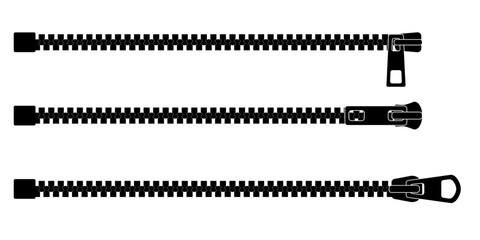 Zip lock fastener with half open slider. Vector sketch of clothing clasp for backpack or sport wear. Detailed line drawing in CAD style for fashion design or textile accessory element.
