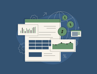 Financial data analysis with global currency management, spreadsheet report, business growth metrics. Financial data analysis profit optimization and business accounting dashboard vector illustration