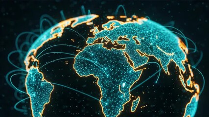A vibrant digital representation of the Earth showcasing interconnected global networks with glowing lines symbolizing data flow between continents set against a dark background - Powered by Adobe