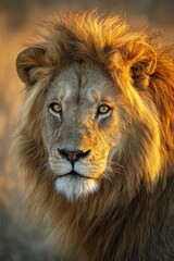 Obraz premium Majestic Lion Portrait: Intense Gaze, Golden Mane, Wildlife Beauty, Close-Up
