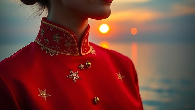 Vietnam National Day flag on silk cushion with bamboo leaves and lanterns