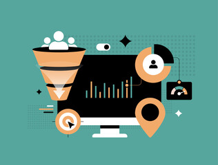 Conversion funnel optimization with customer journey analytics, targeted lead generation, sales tracking metrics. Conversion funnel optimization, user segmentation, marketing performance illustration