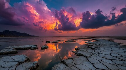 Dramatic Sunset Reflection on Cracked Earth, Lake Urmia, Iran
