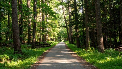 Sunlit Forest Path Amidst Towering Trees With Peaceful Greenery and Calm Ambiance