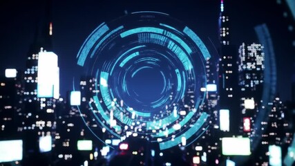Futuristic cityscape with digital overlay - Powered by Adobe