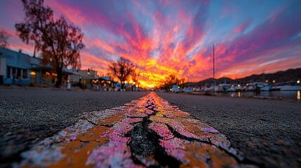 Vibrant Sunset Hues Reflected on Cracked Asphalt Road