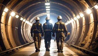 Underground coal miners walking through a narrow tunnel with helmet lights