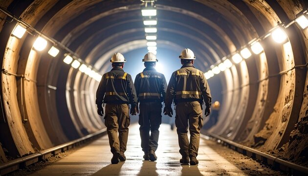 Underground coal miners walking through a narrow tunnel with helmet lights