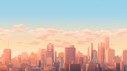 Fototapeta premium Modern city skyline in early morning light, slight haze for depth, clean perspective, sharp architecture detail