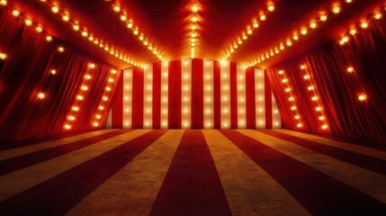 Interior view of a vibrant circus tent, illuminated with warm lights, ready for a show.