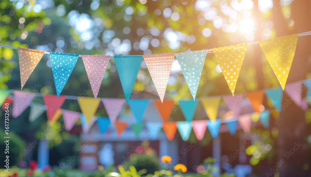 Poster colorful bunting flags hang in a sunlit garden, creating a festive atmosphere surrounded by greenery