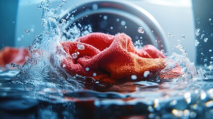 Red cloth being washed in a washing machine with water splashing around it.