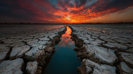 Dramatic Sunset Reflected in Cracked Earth, Arid Landscape, Global Warming Concept