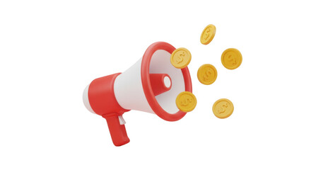 3d icon of a red and white megaphone announcing with gold coins flying out isolated on transparent background