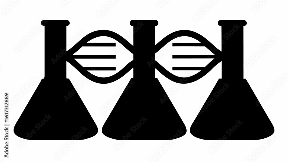 Poster three flasks connected by dna strands in black and white representing science and experimentation on