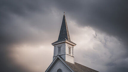 Fototapeta premium White church steeple against a dramatic sky.