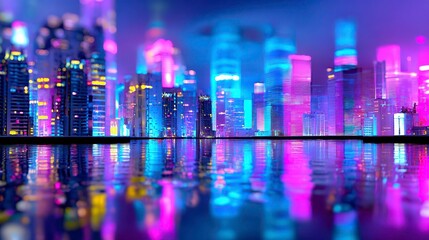 Neon Cityscape Reflection, Futuristic Urban Skyline Night