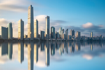 Modern City Skyline Reflecting on Calm Water