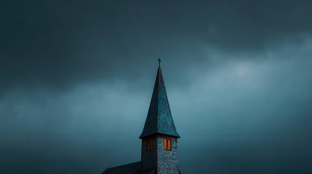 A church steeple against a dramatic sky.