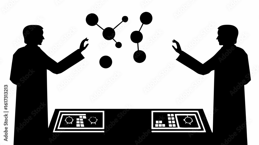 Poster silhouette illustration of scientists in lab coats interacting with molecular structure and control 