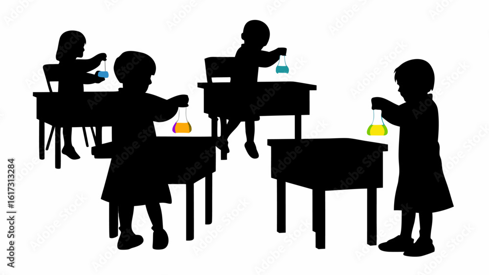 Poster silhouette illustration of children in a classroom setting conducting science experiments with beake