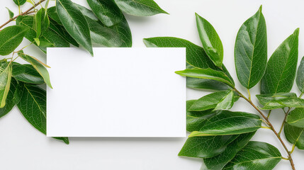 Sample of blank white sign with bamboo leaves on background, top view