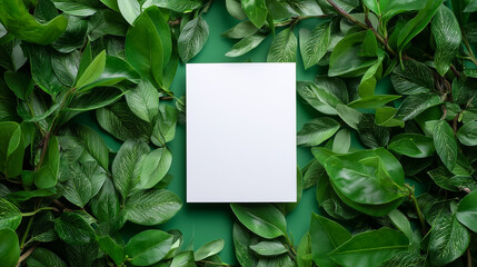 Sample of blank white sign with bamboo leaves on background, top view
