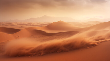 Sandstorm sweeping through desert landscape, low visibility, orange haze covering dunes, dramatic wind and dust