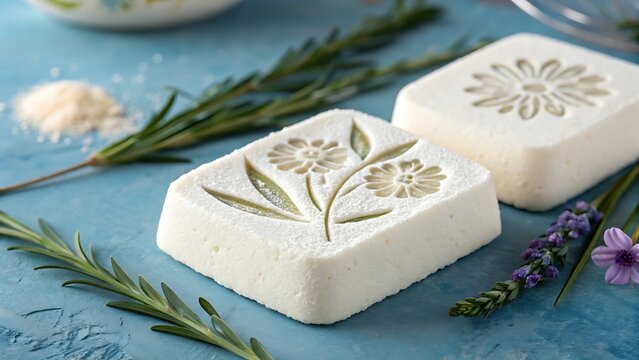 Two square artisanal soaps with floral imprints and fresh rosemary sprigs on a blue textured surface