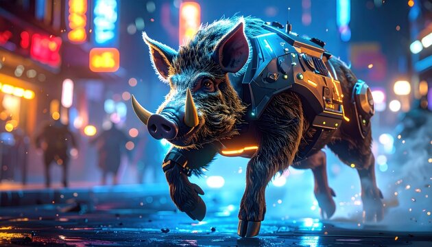 A Boar Superhero in Tusk Enhanced Armor Charging Through Cyberpunk City Barriers - Powered by Adobe