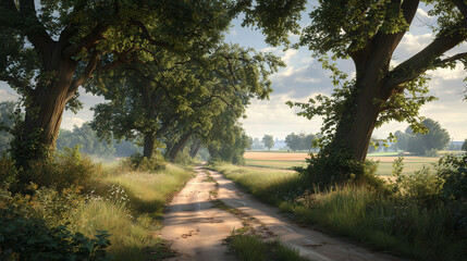 Serene countryside road surrounded by green fields and trees