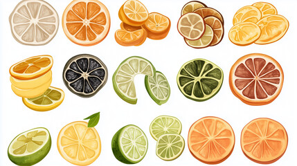 Set of sliced dried and fresh citrus fruits isolated on white background
