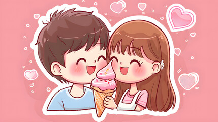 chibi couple sharing ice cream cone laughing