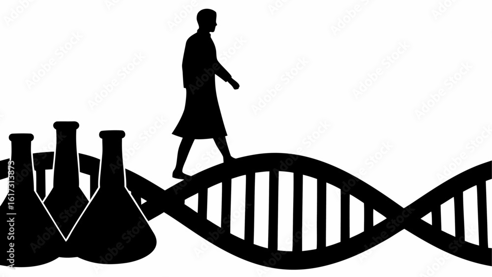 Poster silhouette of a person walking on a dna strand with three flasks in the background in black and whit