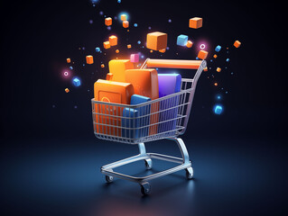 shopping cart with bag 3D icon, modern minimal design