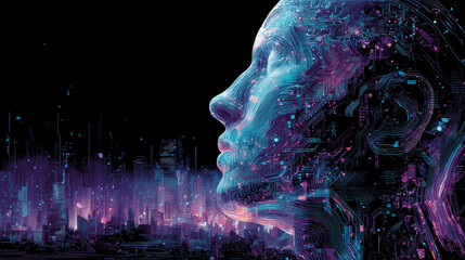 side profile of a human face built from neon
