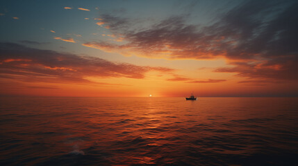 Simple sea sunset, the shadow of a lone fishing boat floating on the vast ocean