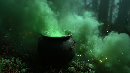 Old witch cauldron bubbling with green smoke, mysterious forest setting, magical particles glowing, eerie atmosphere