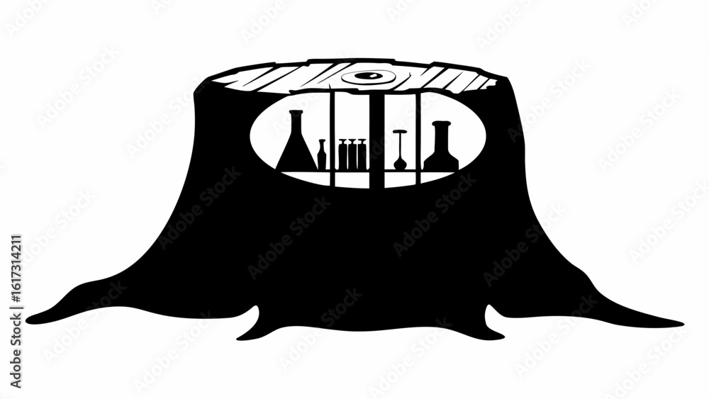 Aufkleber silhouette of a tree stump with a laboratory inside featuring flasks and beakers on a shelf display 