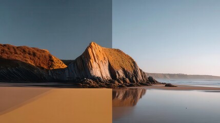 Cliffside Beach Landscape, Coastal Beauty, Golden Hour Light