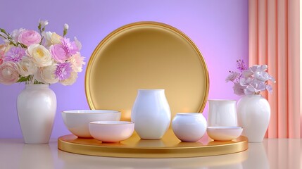 Floral Still Life: Vases, Bowls, Flowers, Elegant Decor